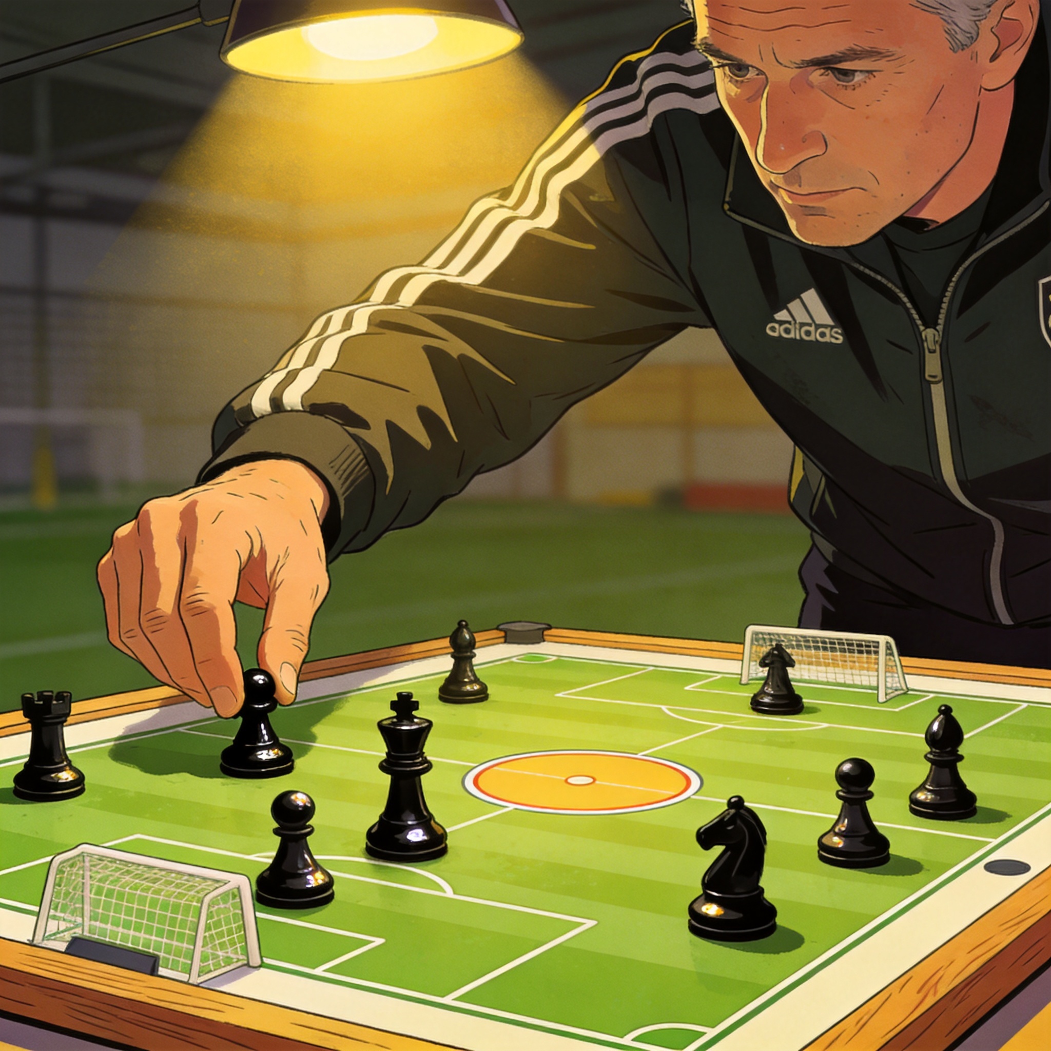 教练在战术板上摆放棋子布置高位压迫阵型